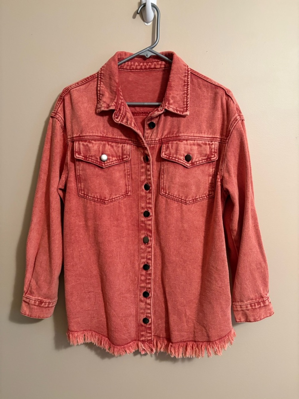 Coral Washed Denim Shacket with Frayed Hem